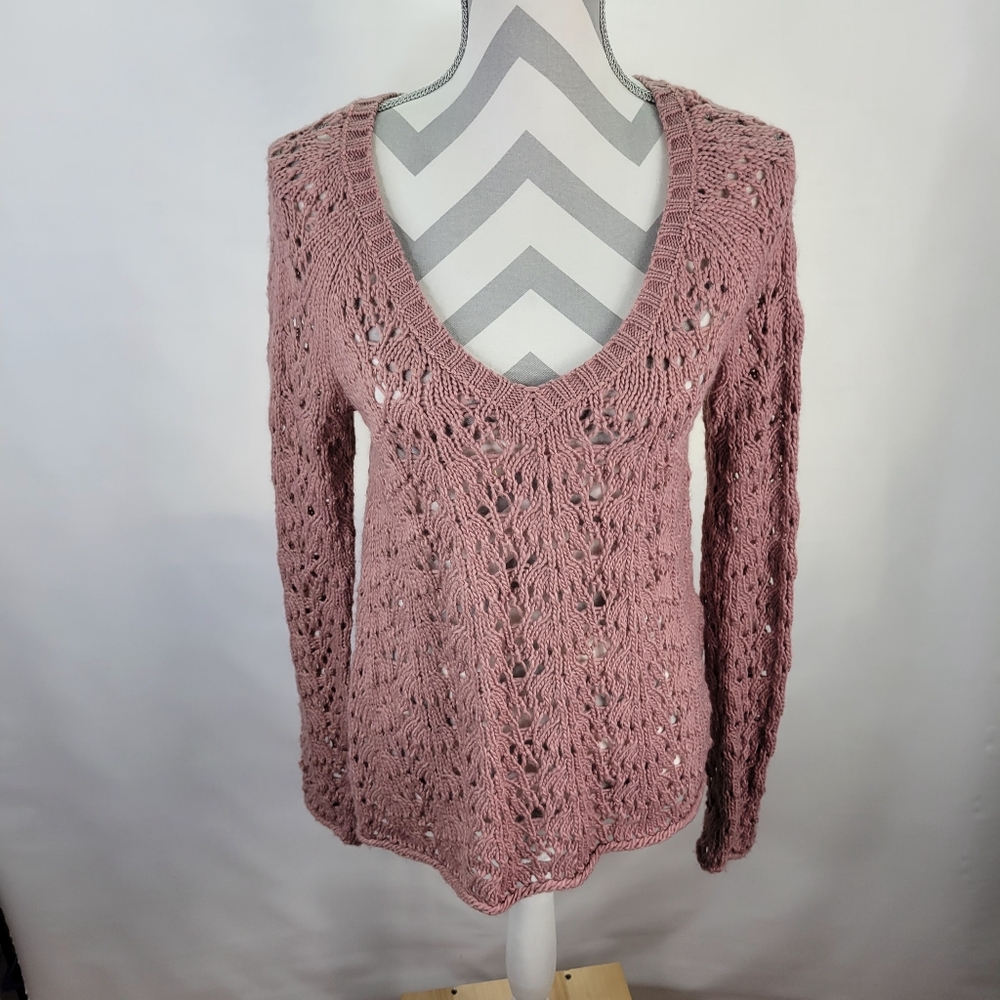 American Eagle Mauve Pink Open Weave Sweater Wool Blend Deep V Size Small